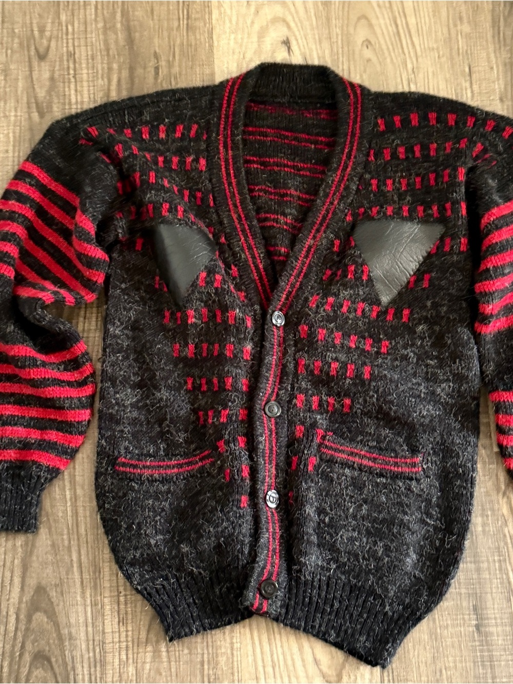 Vintage 80s Black Red Knit Cardigan Leather Accents